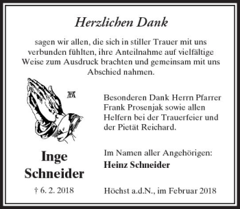 Traueranzeige von Inge Schneider von  Kreisanzeiger