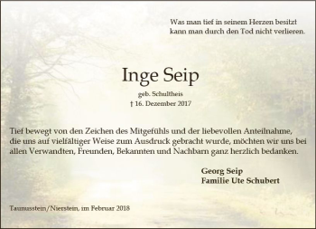 Traueranzeige von Inge Seip von Trauerportal Rhein Main Presse