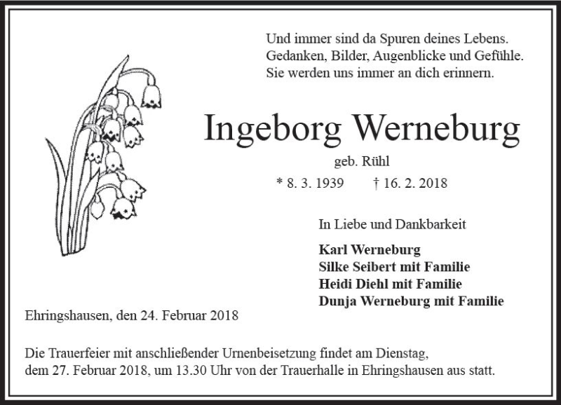  Traueranzeige für Ingeborg Werneburg vom 24.02.2018 aus VRM Trauer