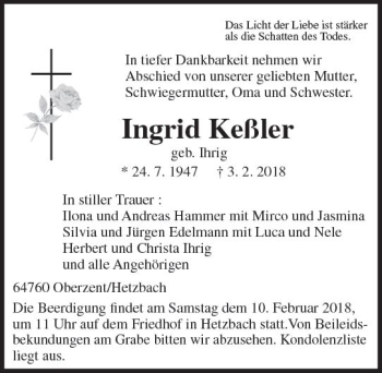 Traueranzeige von Ingrid Keßler von Trauerportal Rhein Main Presse