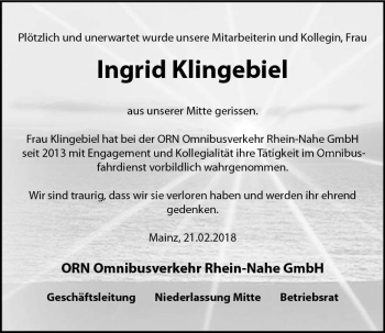 Traueranzeige von Ingrid Klingebiel von Trauerportal Rhein Main Presse