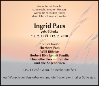 Traueranzeige von Ingrid Paes von Trauerportal Rhein Main Presse