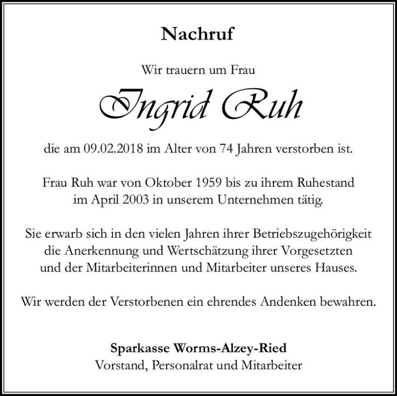  Traueranzeige für Ingrid Ruh vom 21.02.2018 aus Trauerportal Rhein Main Presse