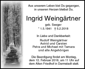 Traueranzeige von Ingrid Weingärtner von Trauerportal Rhein Main Presse
