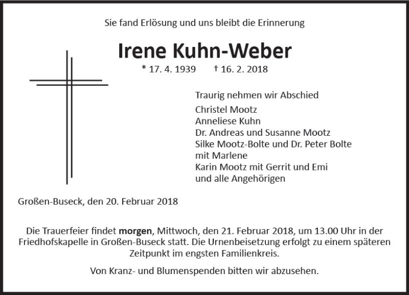  Traueranzeige für Irene Kuhn-Weber vom 20.02.2018 aus  Gießener Anzeiger
