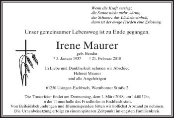 Traueranzeige von Irene Maurer von  Usinger Anzeiger