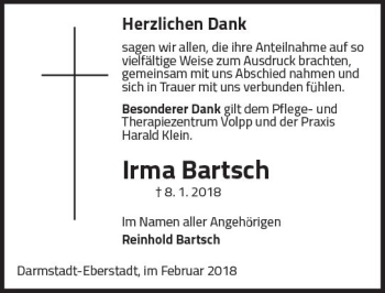 Traueranzeige von Irma Bartsch von Trauerportal Rhein Main Presse