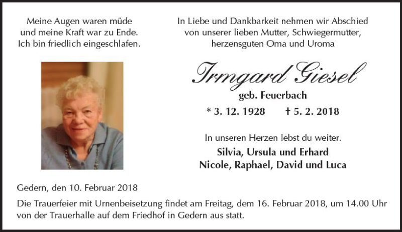  Traueranzeige für Irmgard Giesel vom 10.02.2018 aus  Kreisanzeiger