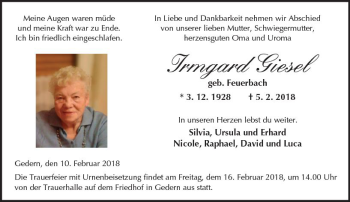 Traueranzeige von Irmgard Giesel von  Kreisanzeiger