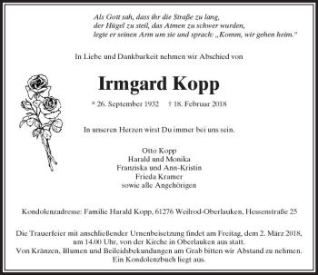 Traueranzeige von Irmgard Kopp von  Usinger Anzeiger