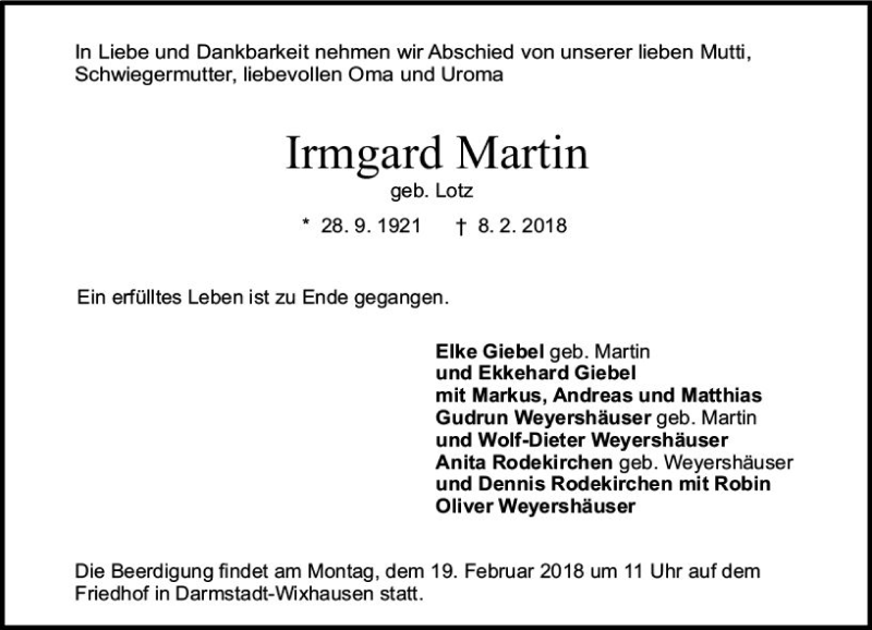  Traueranzeige für Irmgard Martin vom 17.02.2018 aus Trauerportal Rhein Main Presse