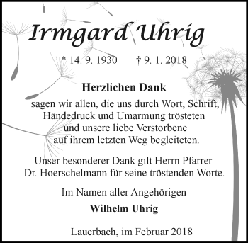 Traueranzeige von Irmgard Uhrig von Trauerportal Rhein Main Presse