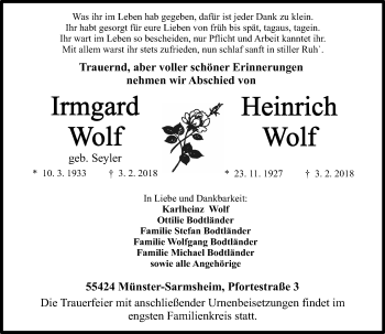 Traueranzeige von Irmgard Wolf von Trauerportal Rhein Main Presse
