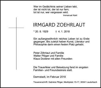 Traueranzeige von Irmgard Zoehrlaut von Trauerportal Rhein Main Presse