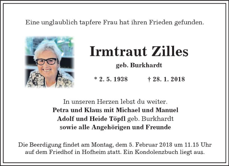  Traueranzeige für Irmtraut Zilles vom 03.02.2018 aus Trauerportal Rhein Main Presse
