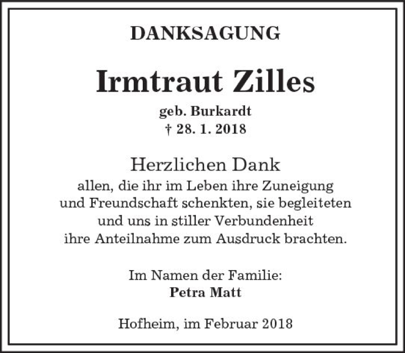  Traueranzeige für Irmtraut Zilles vom 17.02.2018 aus Trauerportal Rhein Main Presse