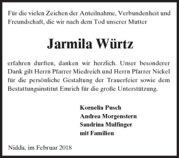 Traueranzeige von Jarmila Würtz von  Kreisanzeiger