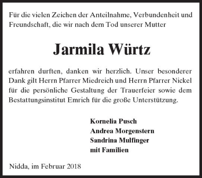  Traueranzeige für Jarmila Würtz vom 17.02.2018 aus  Kreisanzeiger
