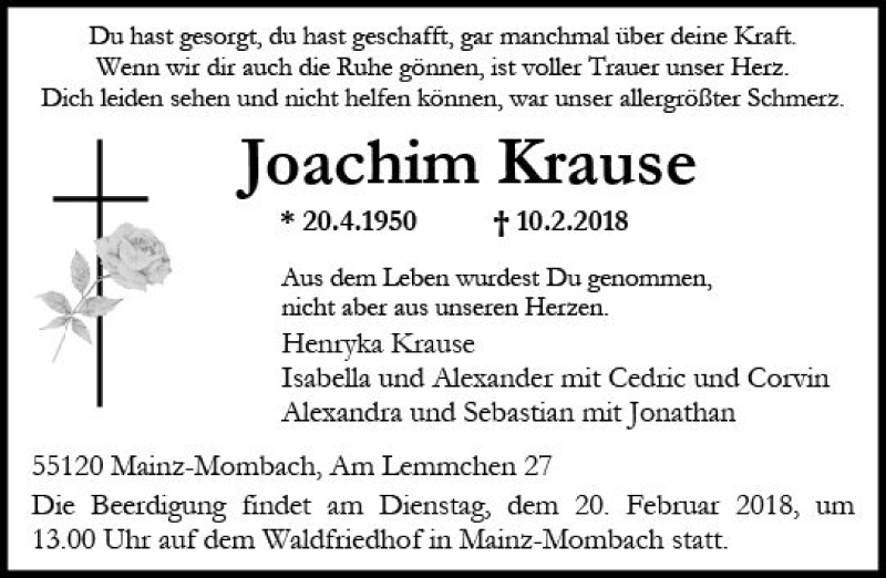  Traueranzeige für Joachim Krause vom 17.02.2018 aus Trauerportal Rhein Main Presse