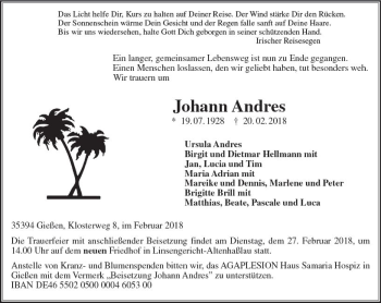 Traueranzeige von Johann Andres von  Gießener Anzeiger