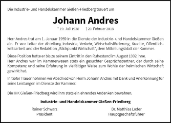 Traueranzeige von Johann Andres von  Gießener Anzeiger