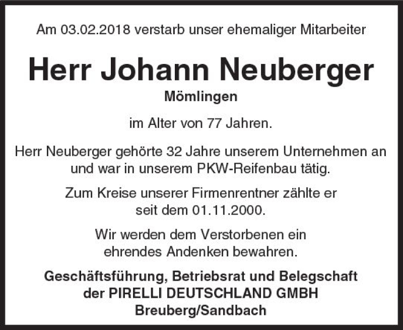  Traueranzeige für Johann Neuberger vom 14.02.2018 aus Trauerportal Rhein Main Presse