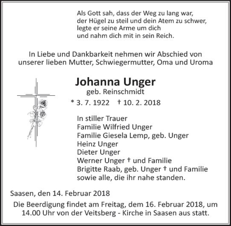  Traueranzeige für Johanna Unger vom 14.02.2018 aus  Gießener Anzeiger