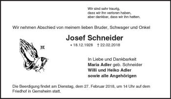 Traueranzeige von Josef Schneider von Trauerportal Rhein Main Presse