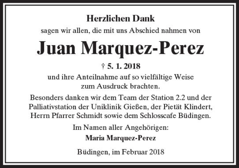  Traueranzeige für Juan Marquez-Perez vom 10.02.2018 aus  Kreisanzeiger