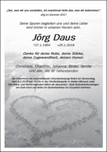 Traueranzeige von Jörg Daus von  Gießener Anzeiger