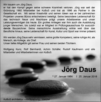 Traueranzeige von Jörg Daus von  Gießener Anzeiger