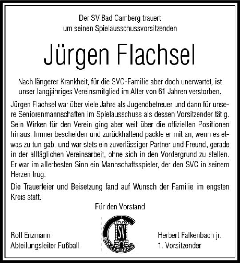  Traueranzeige für Jürgen Flachsel vom 15.02.2018 aus  Camberger Anzeiger