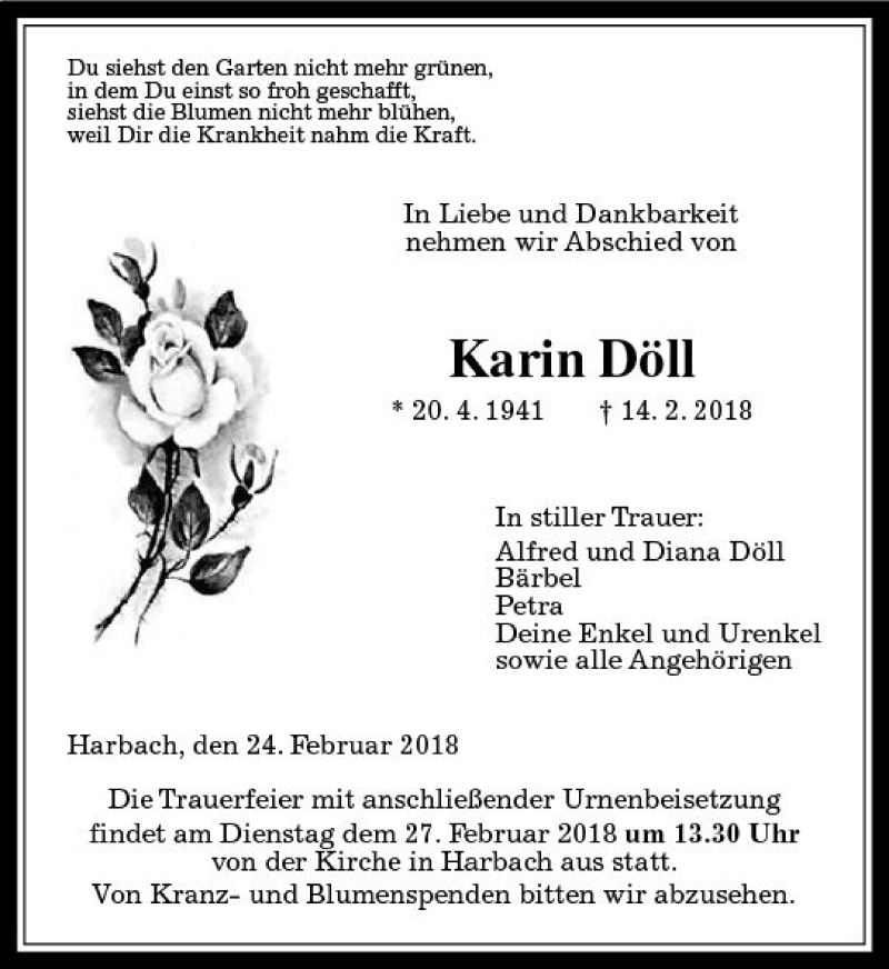  Traueranzeige für Karin Döll vom 24.02.2018 aus  Gießener Anzeiger