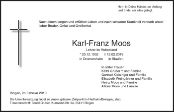 Traueranzeige von Karl-Franz Moos von Trauerportal Rhein Main Presse