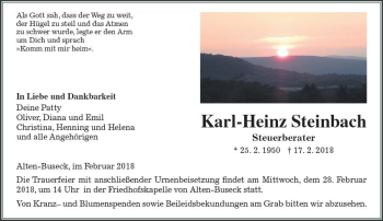 Traueranzeige von Karl-Heinz Steinbach von  Gießener Anzeiger