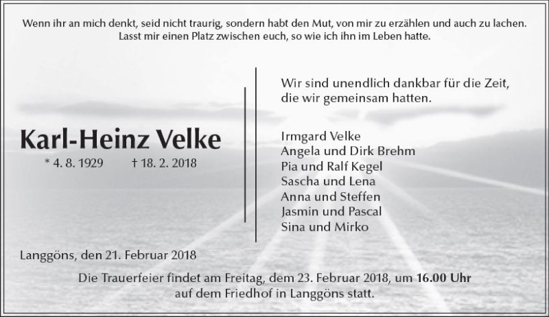  Traueranzeige für Karl-Heinz Velke vom 21.02.2018 aus  Gießener Anzeiger