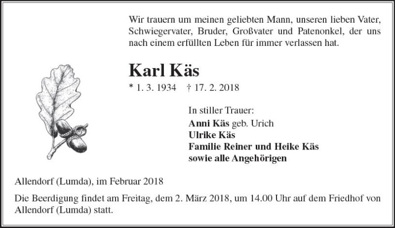  Traueranzeige für Karl Käs vom 27.02.2018 aus  Gießener Anzeiger