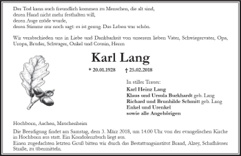 Traueranzeige von Karl Lang von Trauerportal Rhein Main Presse