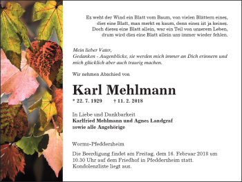 Traueranzeige von Karl Mehlmann von Trauerportal Rhein Main Presse