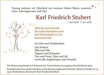 Traueranzeige von Karl Friedrich Stubert von Trauerportal Rhein Main Presse