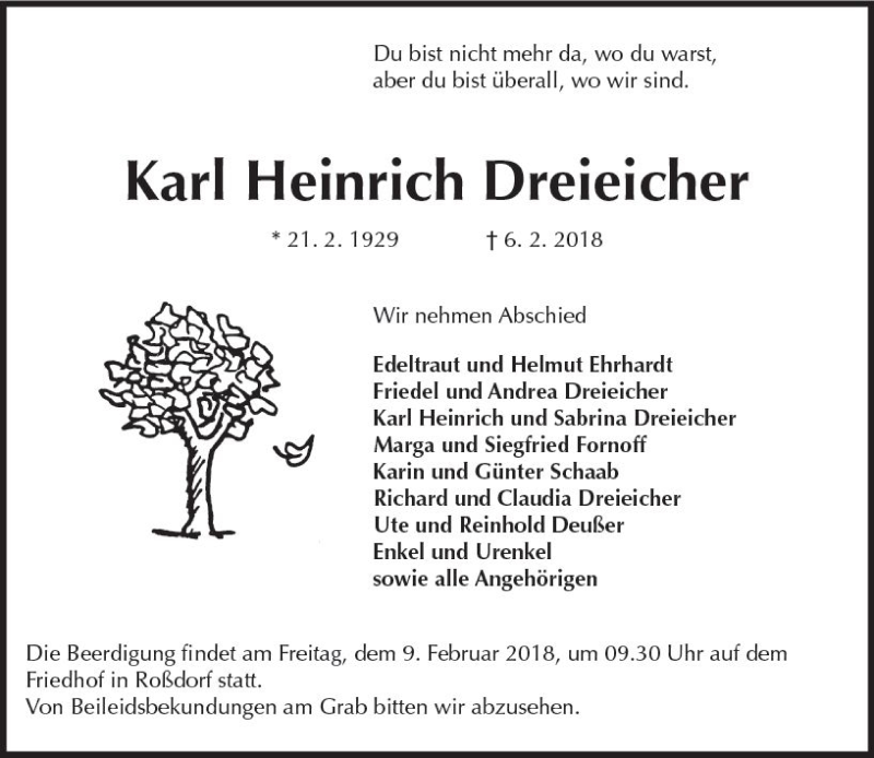  Traueranzeige für Karl Heinrich Dreieicher vom 08.02.2018 aus Trauerportal Rhein Main Presse