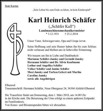 Traueranzeige von Karl Heinrich Schäfer von VRM Trauer