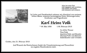Traueranzeige von Karl Heinz Volk von  Gießener Anzeiger