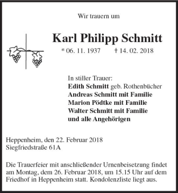 Traueranzeige von Karl Philipp Schmitt von Trauerportal Rhein Main Presse
