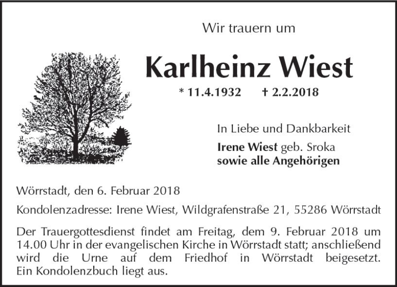  Traueranzeige für Karlheinz Wiest vom 06.02.2018 aus Trauerportal Rhein Main Presse