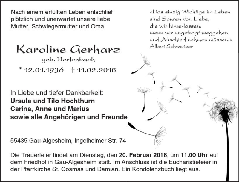  Traueranzeige für Karoline Gerharz vom 17.02.2018 aus Trauerportal Rhein Main Presse