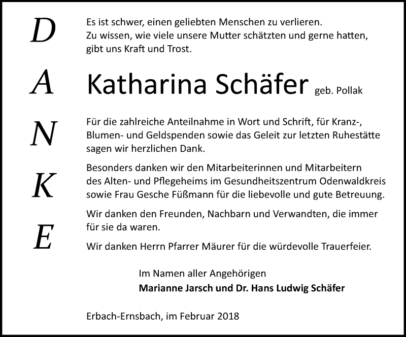  Traueranzeige für Katharina Schäfer vom 10.02.2018 aus Trauerportal Rhein Main Presse