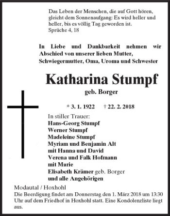 Traueranzeige von Katharina Stumpf von Trauerportal Rhein Main Presse
