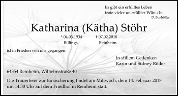Traueranzeige von Katharina Stöhr von Trauerportal Rhein Main Presse