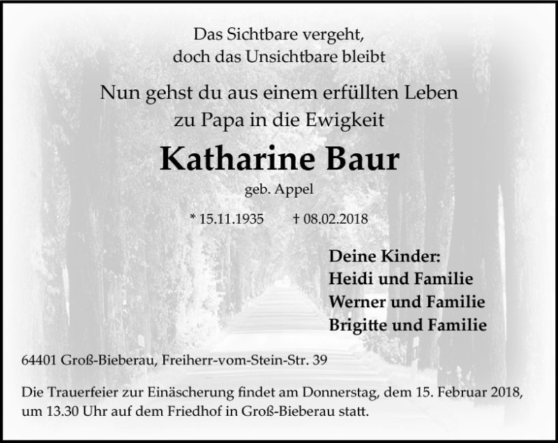  Traueranzeige für Katharine Baur vom 12.02.2018 aus Trauerportal Rhein Main Presse